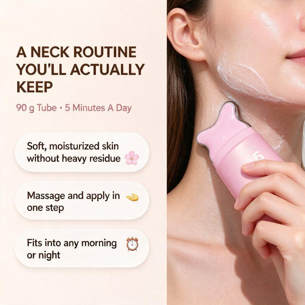 Woman gliding the Sculpting Serum gua sha applicator along her neck