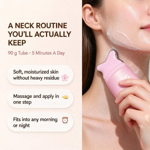 Woman gliding the Sculpting Serum gua sha applicator along her neck